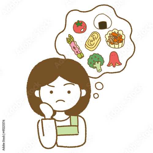 お弁当の献立を考える女性のイラスト