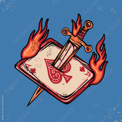 vintage burning card tattoo illustration