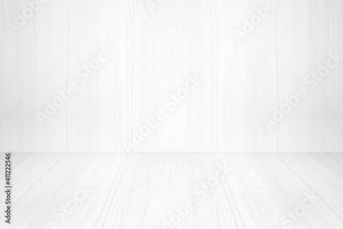 Empty white wood room  Background for product display montage  White wooden wall and floor backdrop template