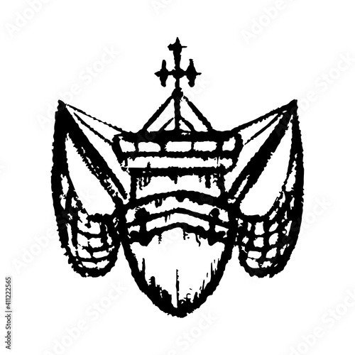 Fishing boat icon. Front view. Black outline linear sketch drawing. Vector flat graphic hand drawn illustration. The isolated object on a white background. Isolate.