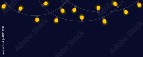 Festive garland. Horizontal banner with glowing light bulbs. Vector EPS 10.