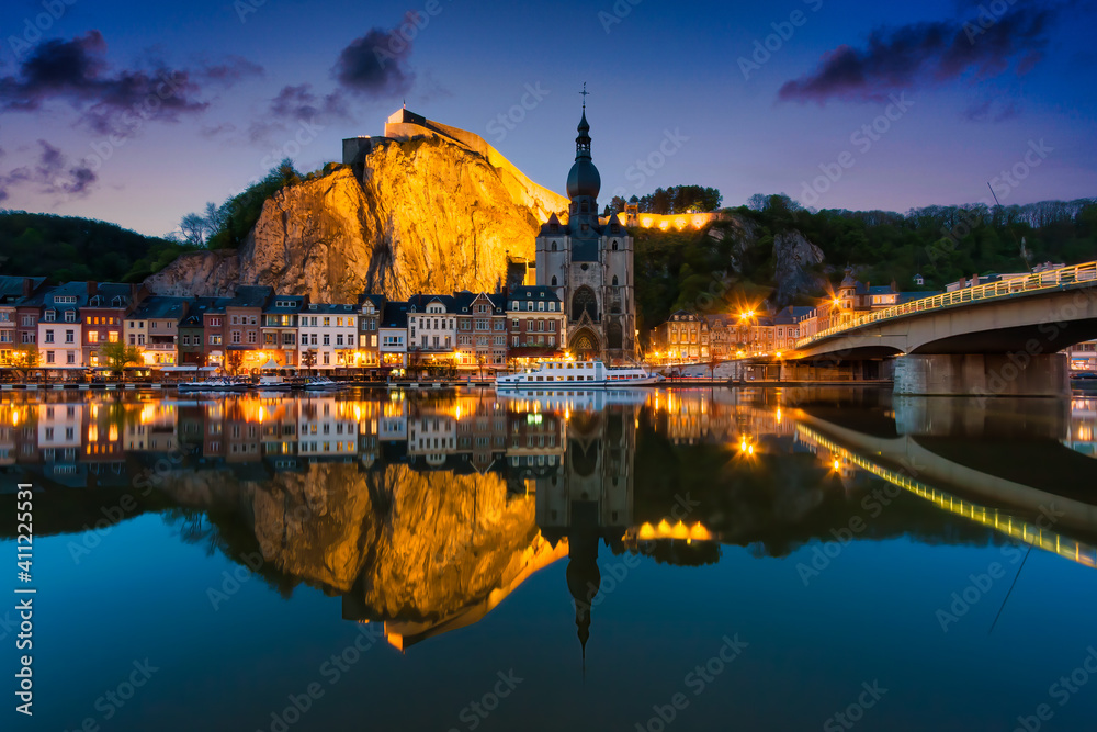 Cityscape of Dinant with sunset at the river Meuse, Belgium