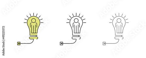 Human symbol inside light bulb of different thickness and color. The person who finds ideas and does research is in the light bulb. Teamwork Vector Icons. Editable Stroke. Modern line art icon set.