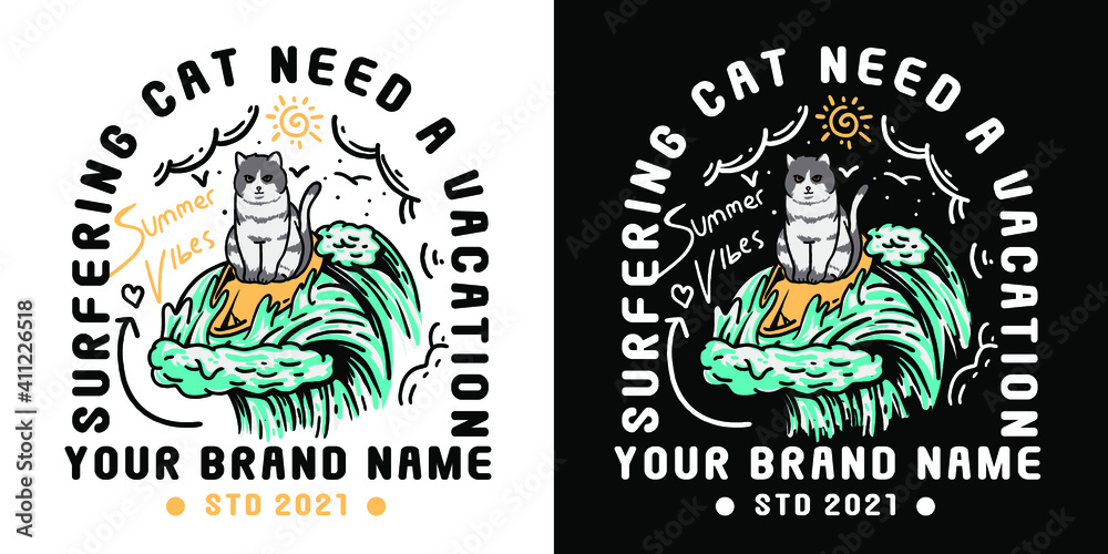 cute cat surfing illustration for t-shirt