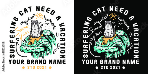 cute cat surfing illustration for t-shirt