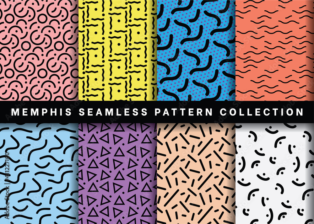 Seamless Memphis pattern collection, Set of geometric Memphis pattern vector on colorful background for Fabric and textile printing, wrapping paper, backdrops and , packaging, web banners