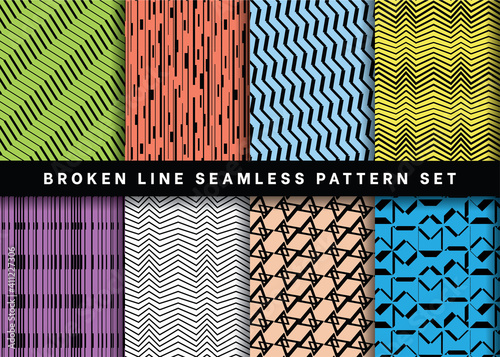 Seamless broken line pattern collection, Set of geometric broken line pattern vector on colorful background for Fabric and textile printing, wrapping paper, backdrops and , packaging, web banners