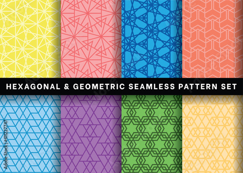 Seamless polygon Geometric pattern collection, Set of polygon pattern vector on pastel background for Fabric and textile printing, wrapping paper, jersey print, backdrops, packaging and web banners