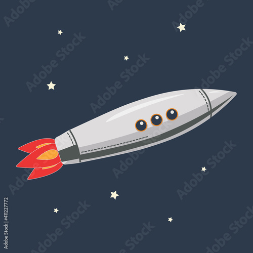 Vector illustration of a rocket. Flying rocket with fire for Landing Page, Logo, Invitations
