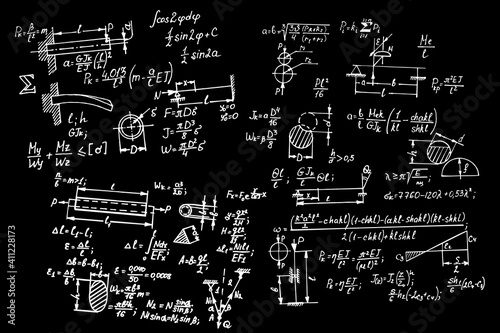 Vintage physical notation with the equations, figures, schemes, plots and other calculations on chalkboard. Retro handwritten vector illustration. Scientific and educational background.