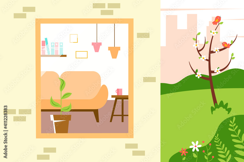 Vector Illustration of a living room with furniture in the window. Cozy interior in a flat style. Spring cute illustration. Vector Illustration of a living room with furniture in the window. Cozy interior in a flat style. Spring cute illustration.