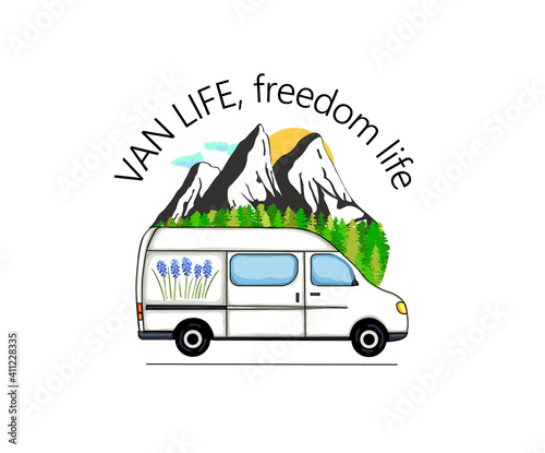 Camper van with forest and mountains in the background. Living van life, camping in the nature, travelling. Van life, freedom life. Illustration. 