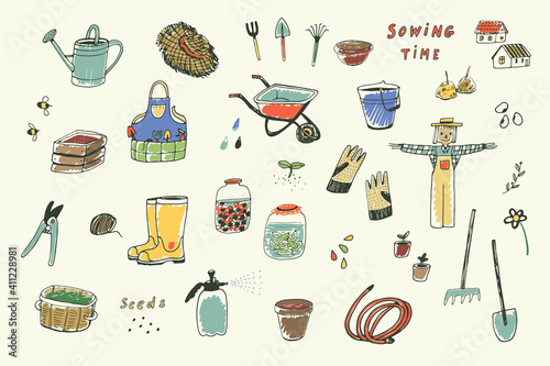 Garden objects vector illustrations set