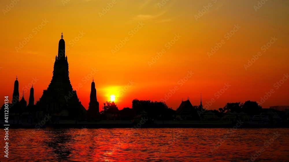 Wat Arun Temple at sunset and Twilight  landmark of Bangkok, Thailand