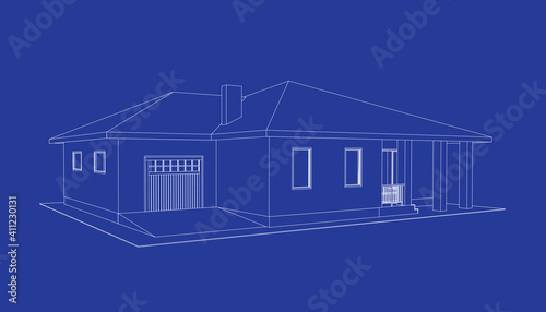 3D suburban house model. Drawing of the modern building. Cottage project on blue background. Interesting vector blueprint.