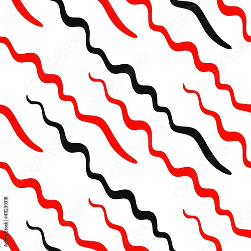 Winding abstract lines seamless pattern. Geometric red stripes and black worms crawling along white surface. Wavy row of uneven vector doodles.
