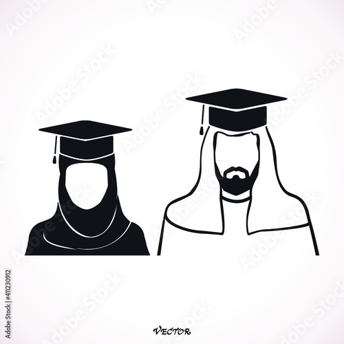 Graduation Icon. Muslim woman and Man  with graduation cap on their head. black icon isolated on white background.