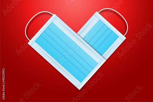Valentine's Day and COVID-19 with Symbol of heart from medical mask on red background. COVID-19 Corona virus outbreaking and Love for Valentine's day. Vector illustration eps 10