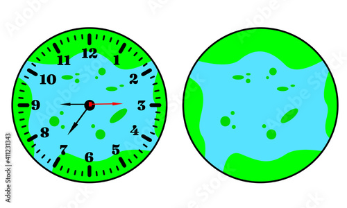 This graphic design illustration of a clock on an earth background is perfect for a wall clock shop