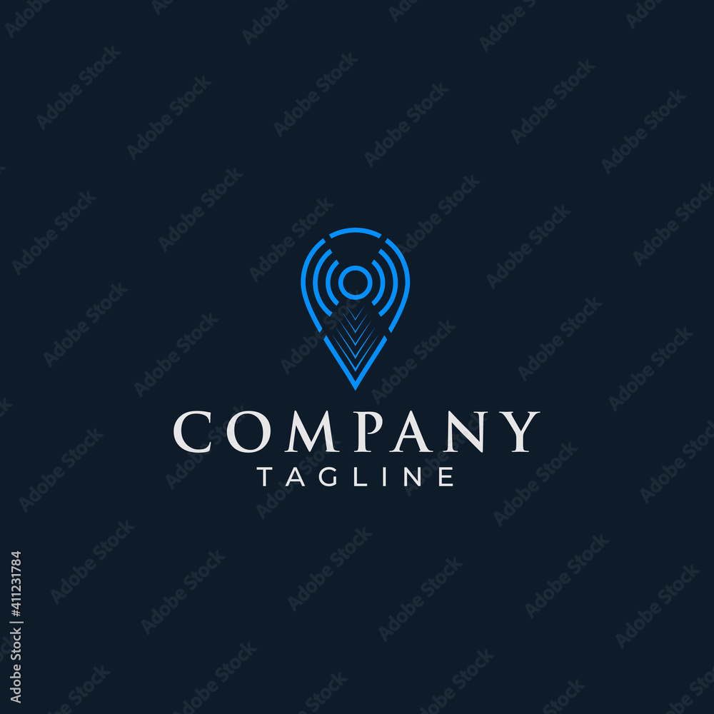 The technology logo design combines a location symbol with a signal transmitter. The technology logo design combines a location symbol with a signal transmitter.