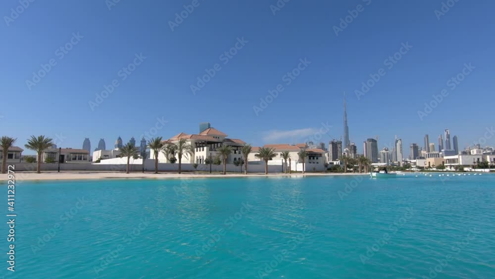 View on Burj Khalifa and Dubai skyline from the boat and canal at Mohammed Bin Rashid Al Maktoum City District One View on Burj Khalifa and Dubai skyline from the boat and canal at Mohammed Bin Rashid Al Maktoum City District One