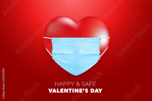 Happy and safe valentine day Protection of coronavirus and covid Valentine Day. Celebrating Valentine's Day safely during the coronavirus pandemic.Vector illustration love banner.