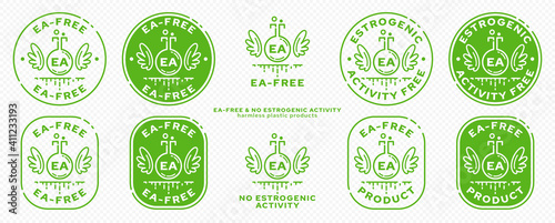 Concept for plastic products. Labeling - no estrogenic activity. The chemical flask icon with wings, EA abbreviation and a flowing ingredient line is a symbol of freedom. Vector set. photo