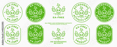 Concept for plastic products. Labeling - no estrogenic activity. The chemical flask icon with wings, EA abbreviation and a flowing ingredient line is a symbol of freedom. Vector set.