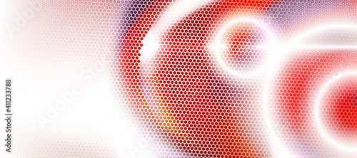 Light red and white abstract background textured by hexagons, UFO circle blurred interface with hexs. Technology perforated to cover design. Minimal composition with hex shapes. Vector illustration.