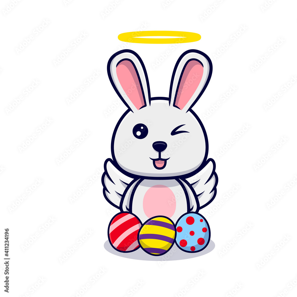 Obraz premium Cute angel bunny with decorative eggs for easter day design icon illustration