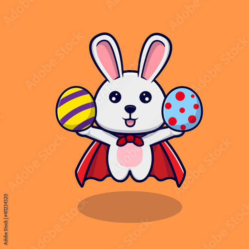 Cute bunny flying  with decorative eggs for easter day design icon illustration