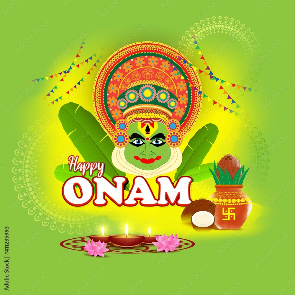 vector illustration of greeting for south Indian festival Onam with kathakali face.