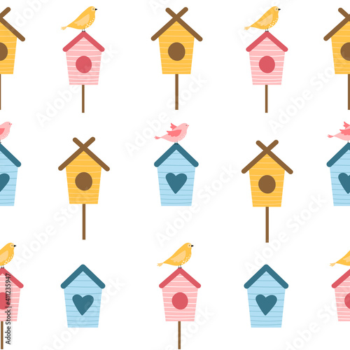 Cute spring seamless pattern with birds and birdhouses. Flat hand drawn cartoon style vector illustration. Adorable Childish pattern for fabrics, textile, wrapping, background.