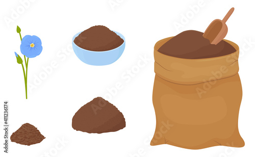 Flax flour heap in blue bowl and brown fabric bag isolated on white background. Healthy eating natural ingredient. Cartoon vector illustration.
