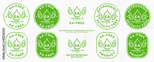 Concept for plastic products. Labeling - no estrogenic activity. The chemical flask icon with wings, EA abbreviation and a flowing ingredient line is a symbol of freedom. Vector set.