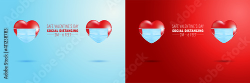 Happy and safe valentine day Protection of coronavirus and covid Valentine Day. Celebrating Valentine's Day safely during the coronavirus pandemic.Vector illustration love banner.