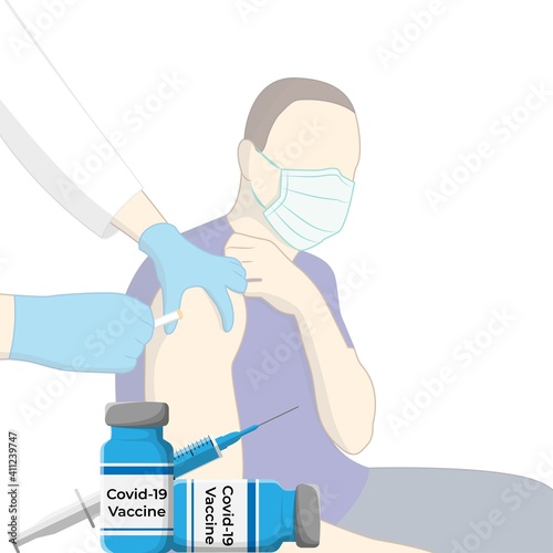 Vector illustration concept of Coronavirus vaccination. Doctor vaccinate patient with Covid-19 vaccine in syringe. Covid 19 immunization treatment. Corona vaccine.