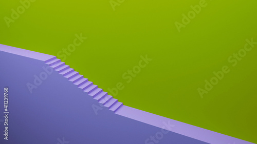 Ladder up and down. Green wall and corridor. Lilac steps. 3d render. Empty space for text. Architectural element.