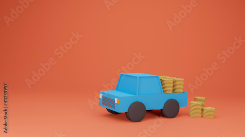 3D render Blue pickup truck carrying gold coins on orange background.