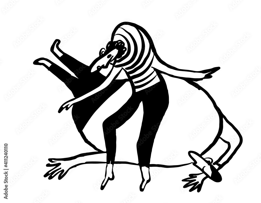 Fototapeta premium drawing picture a man tiptoeing near a lying man, sketch, hand drawn comic cartoon illustration
