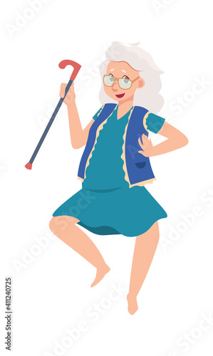 Funny happy senior female. Cartoon old dancing woman. Cheerful grandmother active moving. Gray-haired pensioner with walking cane. Adult character leisure pastime. Vector granny lifestyle illustration