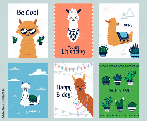 Lama posters. Banners with cute cartoon alpacas and clipart graphic elements. Vector greeting cards with funny llamas characters and cactus, adorable animals decorative collection and short phrases