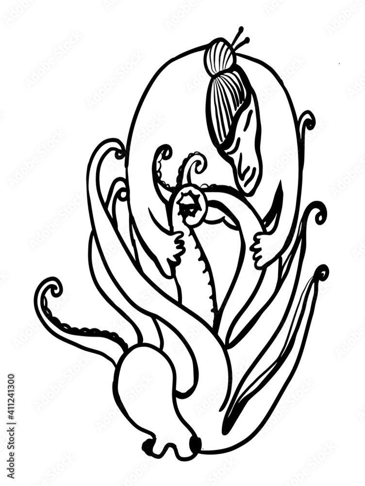 drawing picture old japanese grandmother knits an octopus with her hands, sketch, hand drawn comic cartoon vector illustration drawing picture old japanese grandmother knits an octopus with her hands, sketch, hand drawn comic cartoon vector illustration