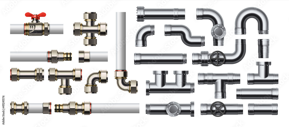 © SpicyTruffel - Metal pipeline. Realistic industrial conduit with connections and valves. 3D glossy stainless steel or white plastic tubes for water and gas. Pipe construction kit. Vector engineering plumbing system © SpicyTruffel - Metal pipeline. Realistic industrial conduit with connections and valves. 3D glossy stainless steel or white plastic tubes for water and gas. Pipe construction kit. Vector engineering plumbing system