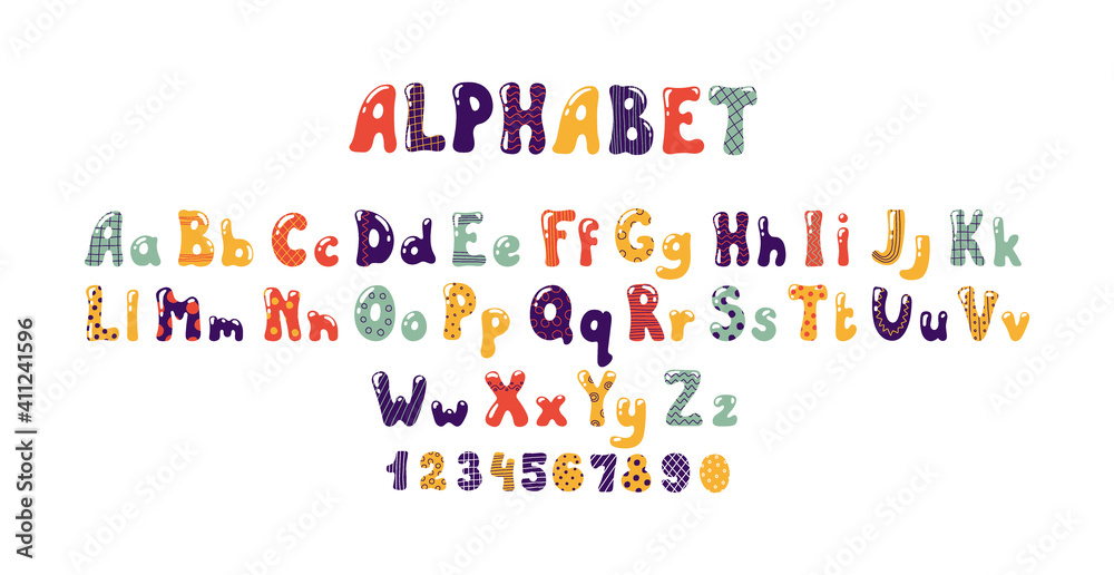 Bubble font. Colorful kids alphabet with balloon or candy shape. Typographic uppercase or lowercase text symbols and numbers. Game interface typeface design. Comic ABC. Vector doodle English letters