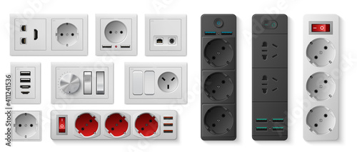 Power strip. Realistic electric socket with USB ports and switches, electricity turn on and off. 3D plastic devices for connecting to circuit with connectors for various plugs and cords, vector set
