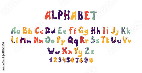 Bubble font. Colorful kids alphabet with balloon or candy shape. Typographic uppercase or lowercase text symbols and numbers. Game interface typeface design. Comic ABC. Vector doodle English letters