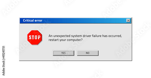 Old computer window. Popup critical error. System reboot request. Classical design of program notification with buttons. Electronics software bug. Warning information. Vector retro pixel illustration