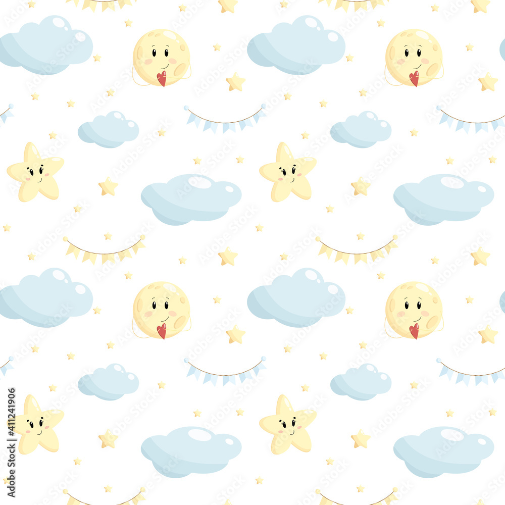 Clouds, Moon and Stars. Cute Seamless Pattern, Cartoon Vector Illustration. Sky Background. Perfect for kids apparel, fabric, textile, nursery decoration, wrapping paper. Clouds, Moon and Stars. Cute Seamless Pattern, Cartoon Vector Illustration. Sky Background. Perfect for kids apparel, fabric, textile, nursery decoration, wrapping paper.