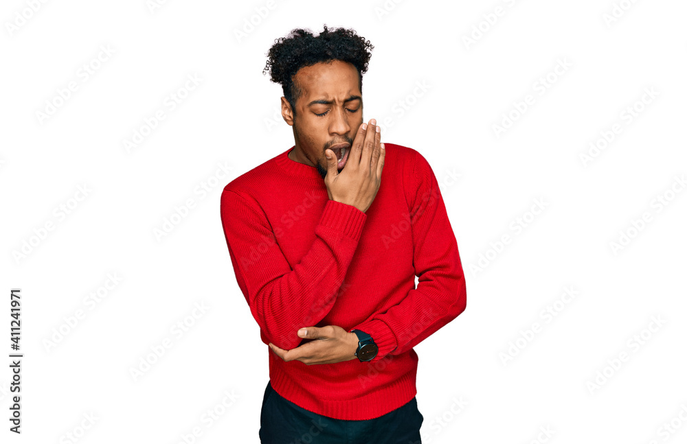Young african american man with beard wearing casual winter sweater bored yawning tired covering mouth with hand. restless and sleepiness. Young african american man with beard wearing casual winter sweater bored yawning tired covering mouth with hand. restless and sleepiness.